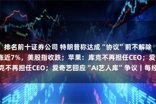 排名前十证券公司 特朗普称达成“协议”前不解除对伊封锁；WTI原油涨近7%，美股指收跌；苹果：库克不再担任CEO；爱奇艺回应“AI艺人库”争议丨每经早参